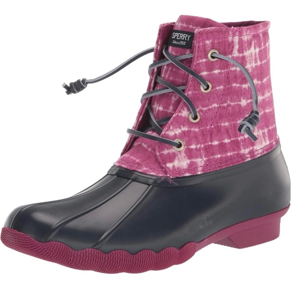 NEW Sperry Saltwater Ankle Rubber Duck Rain Snow Winter Boots Magenta Tie Dye - Picture 11 of 16